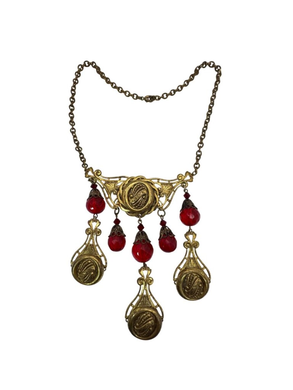 Victorian Chandelier Ruby Czech Glass Gold tone Necklace Red Glass Teardrop 16"
